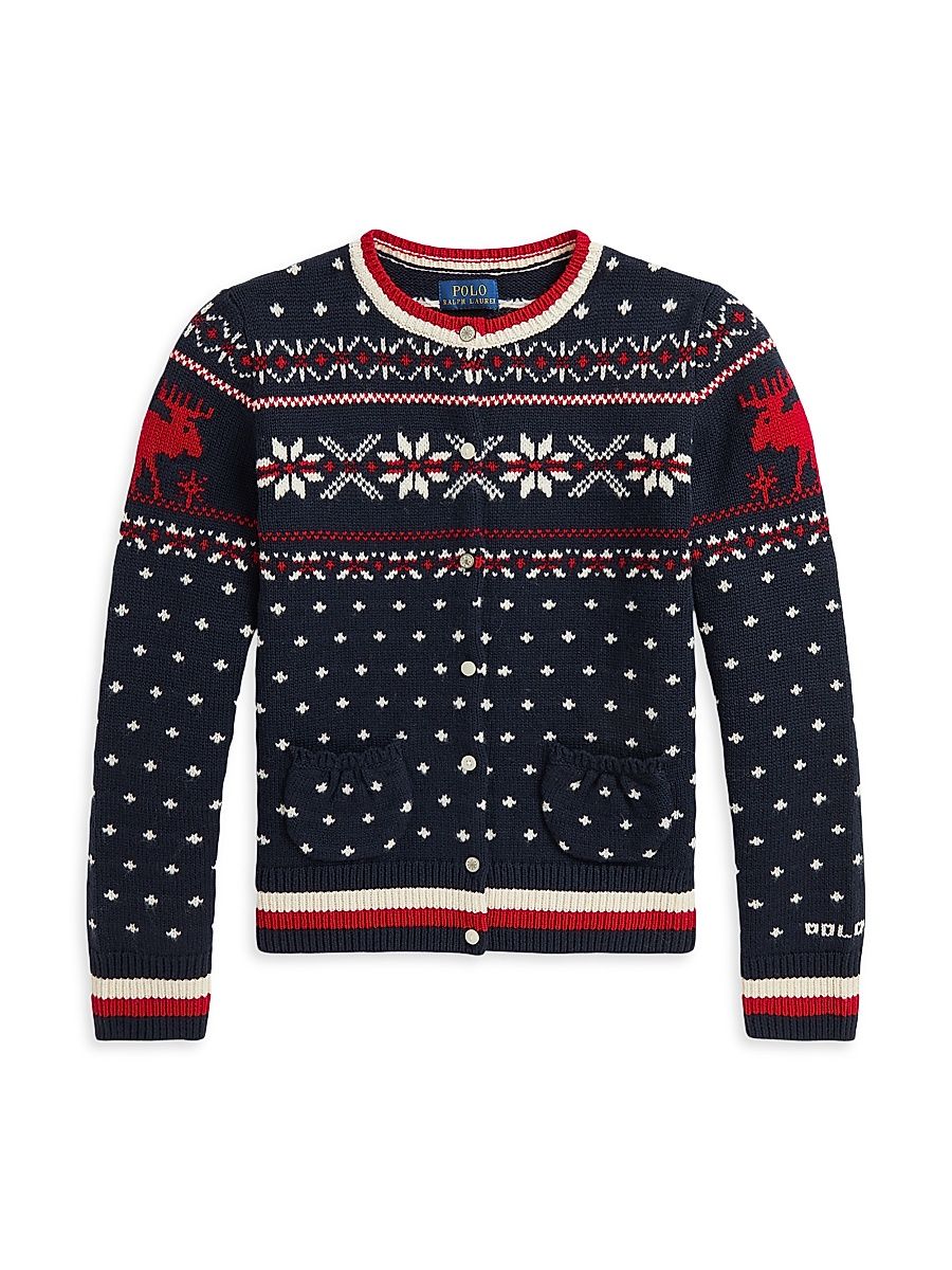 Little Girl's & Girl's Fair Isle Cotton-Wool Cardigan - Navy Multi - Size 6