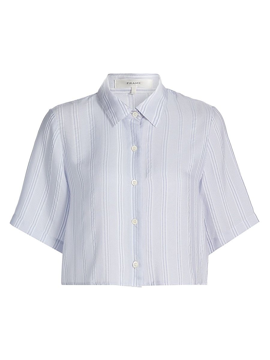 Women's Striped Silk Lace Crop Shirt - Chambray Multi - Size XS