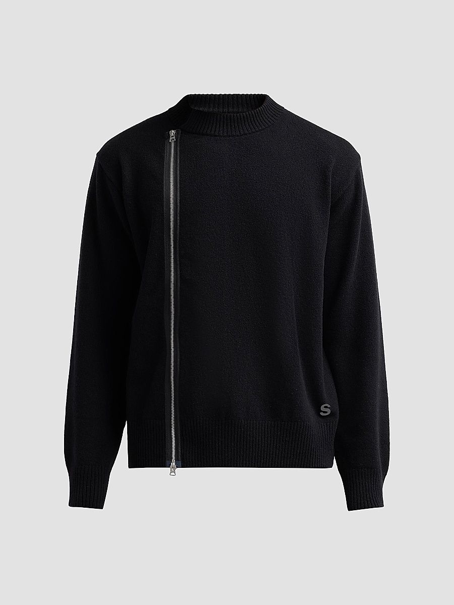Men's Asymmetric Zip Wool Knit Sweater - Black - Size Small