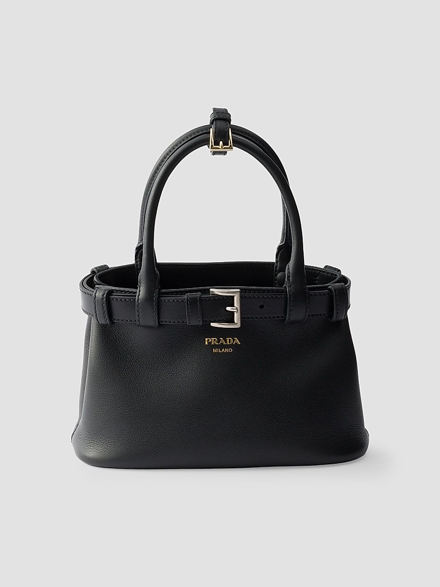 Women's Buckle Small Leather Top Handle Bag with Belt - Black