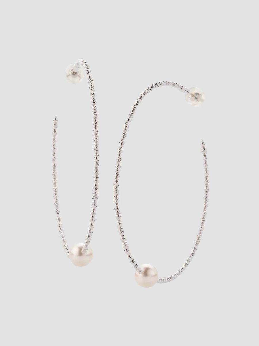 Women's 18K Gold & Cultured Akoya Pearl Hoop Earrings/2.5" - White Gold