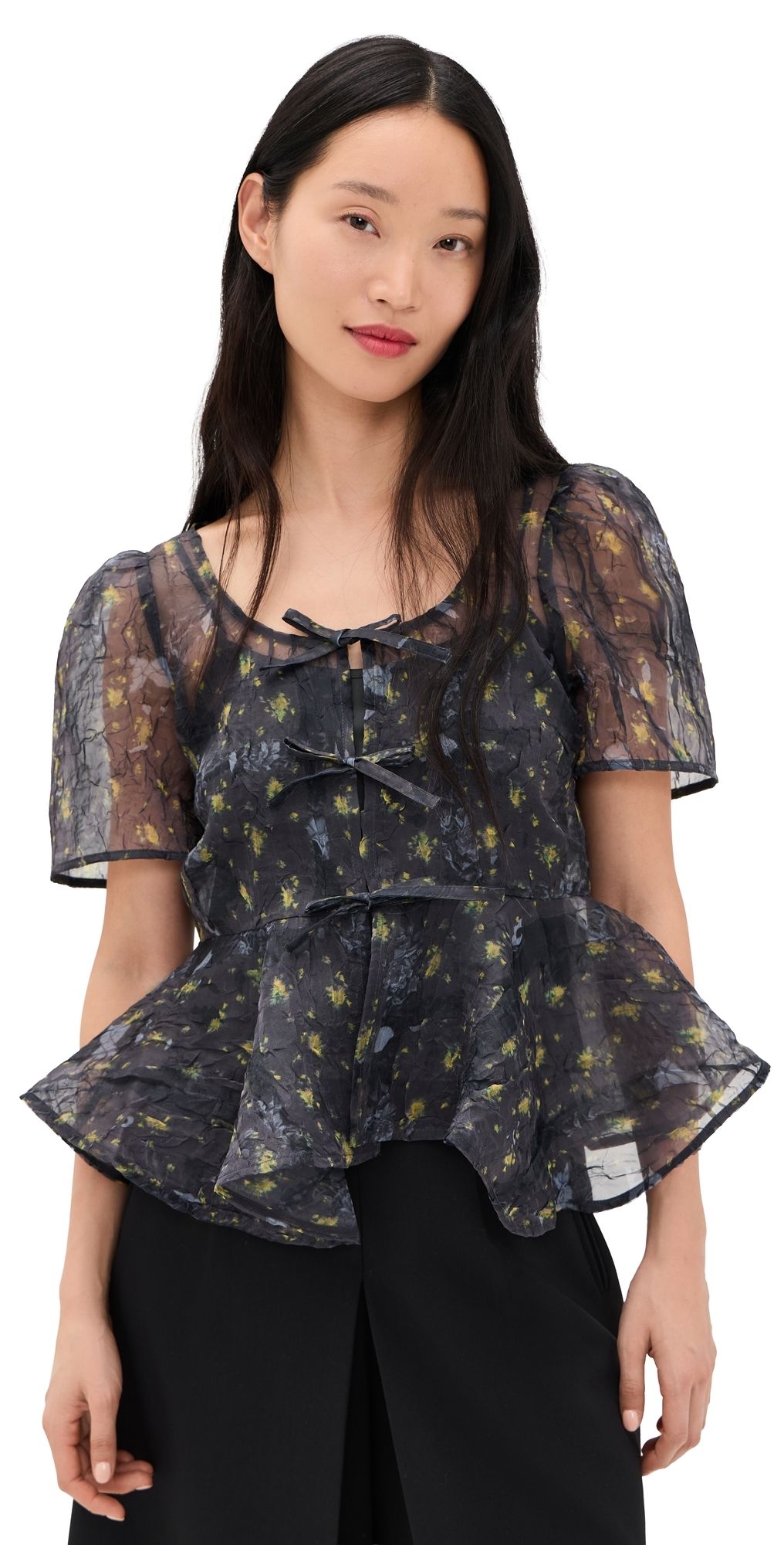 GANNI Printed Shibori Organza Sun Cut Peplum Blouse Black Sand 34