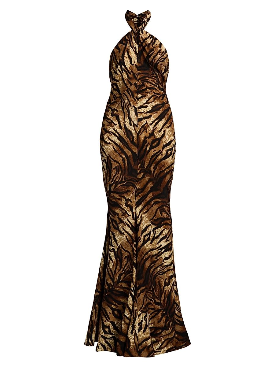 Women's Affina Zebra Print Silk Halterneck Dress - Tigers Eye - Size Medium
