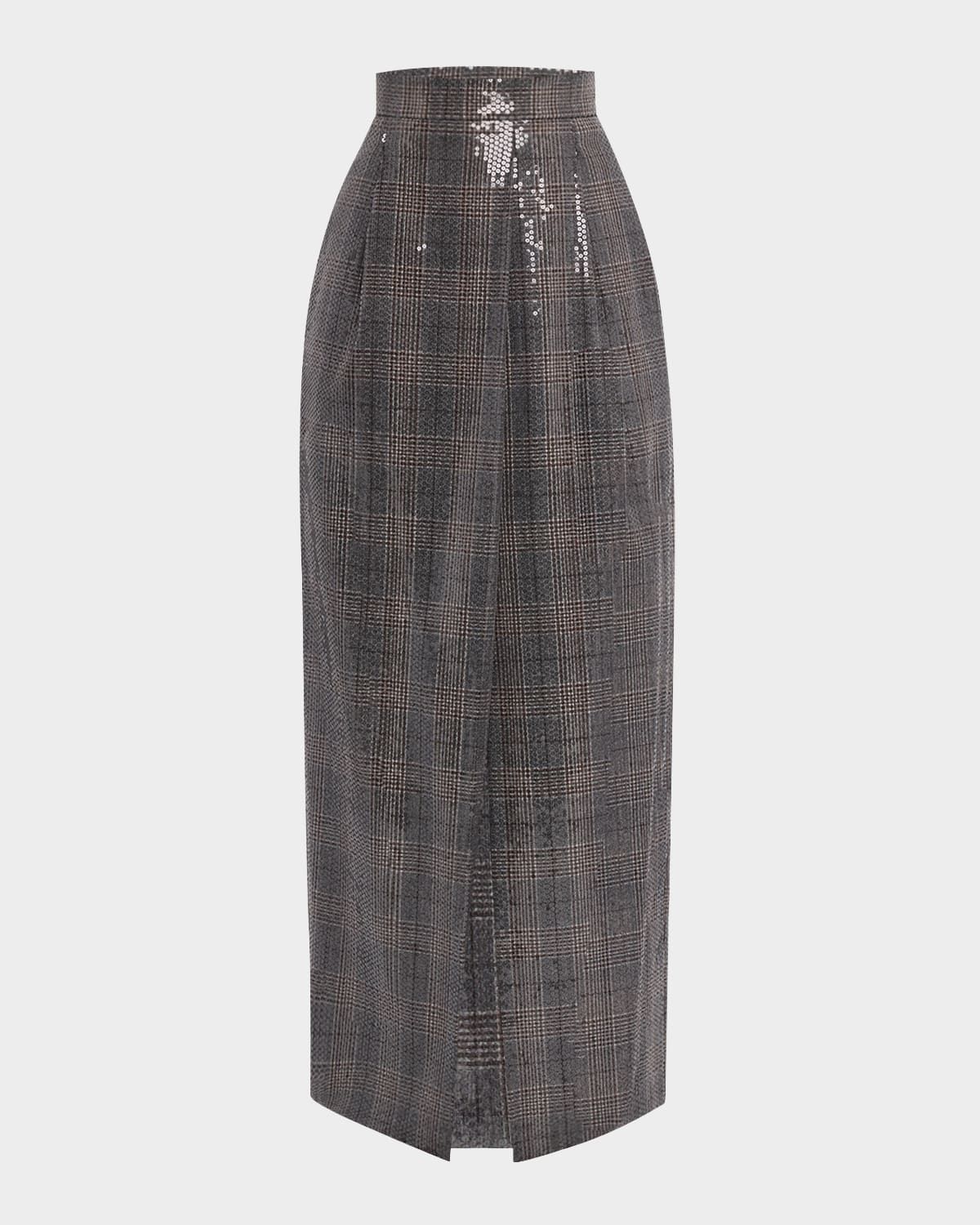 Sequined Prince of Wales Wool Skirt