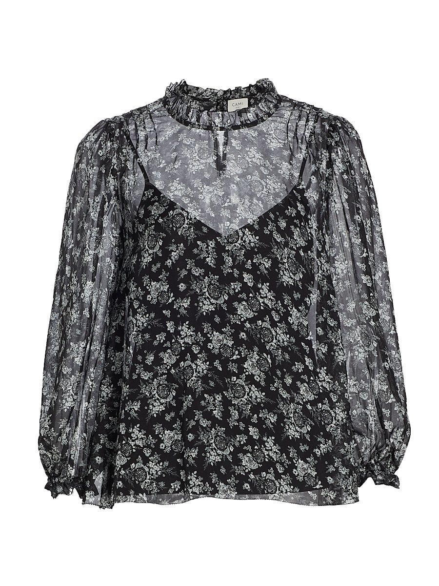 Women's Nelly Floral Silk Chiffon Top - Black White Toille - Size Large