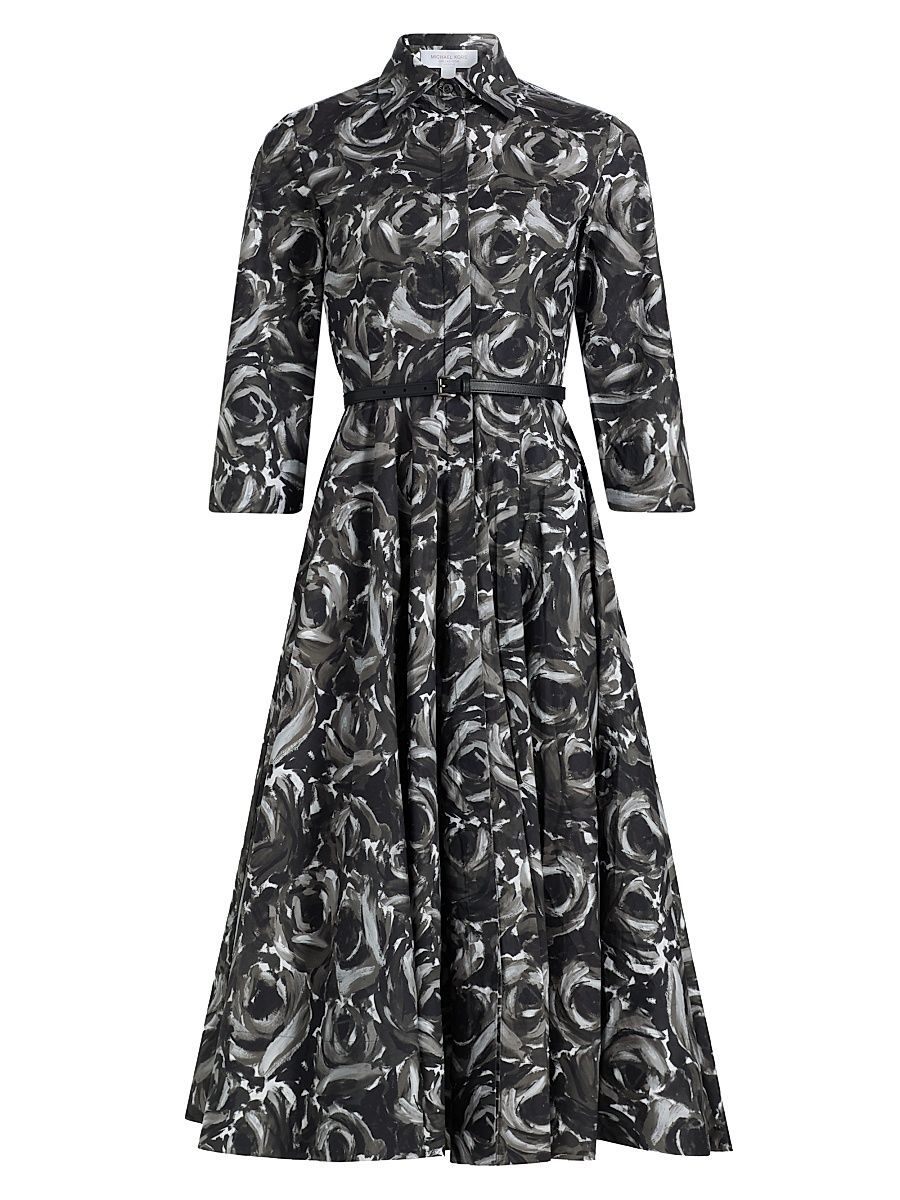 Women's Printed Cotton A-Line Midi-Dress - Pewter Multi - Size 10