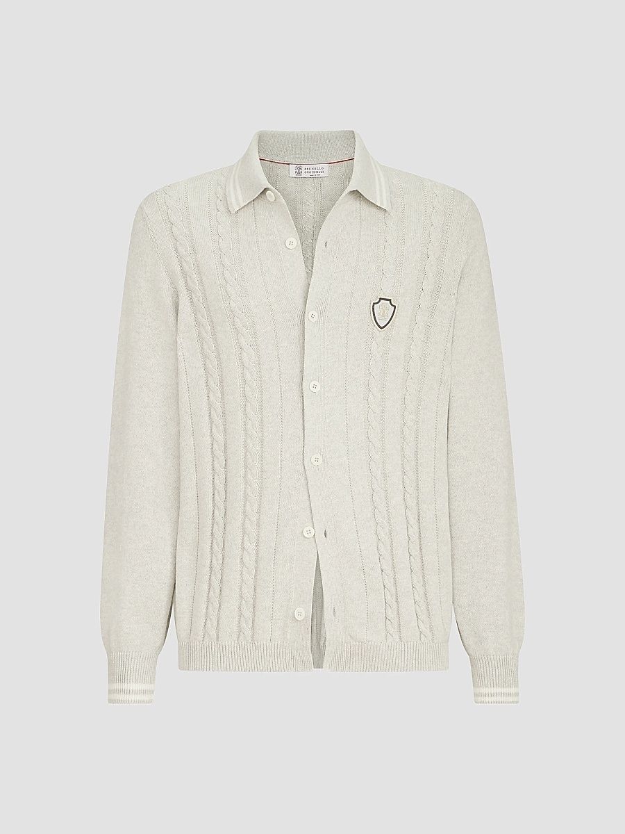 Men's Cotton Cable Knit Shirt with Logo - White - Size Medium