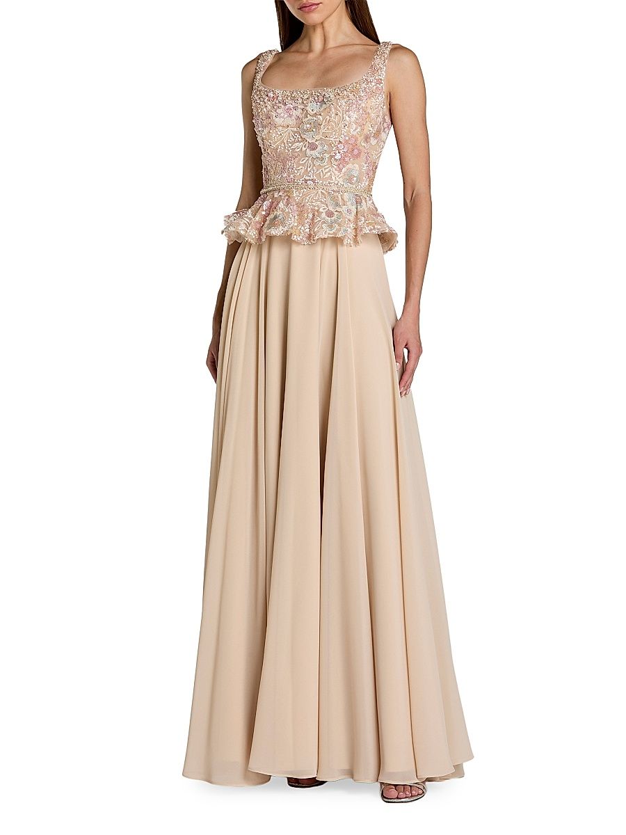 Women's Floral-Embroidered Peplum Gown - Champagne - Size 2