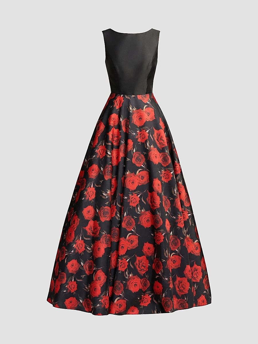 Women's Floral Mikado Open-Back Gown - Red Rose - Size 2