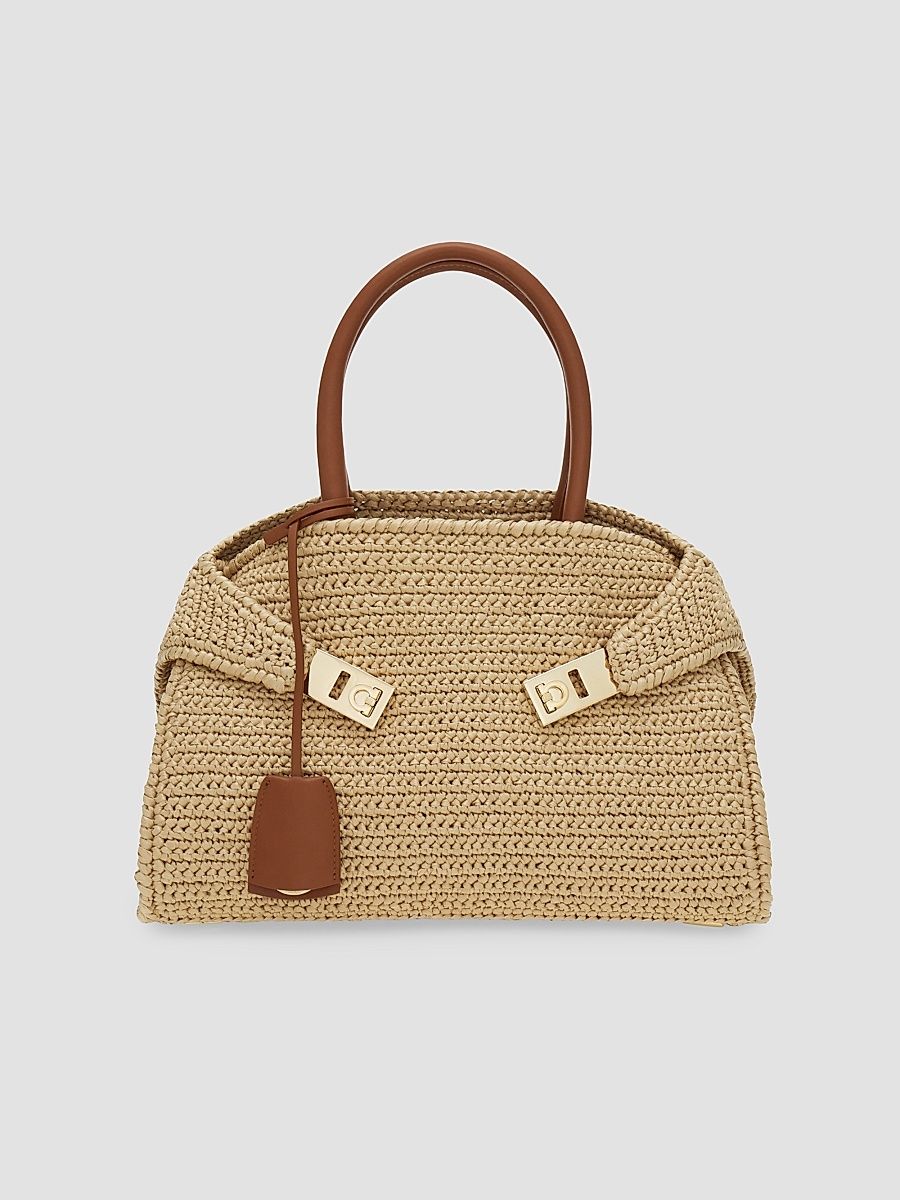 Women's Hug Medium Gancini Raffia Top Handle Bag - Naturale Dark Sand