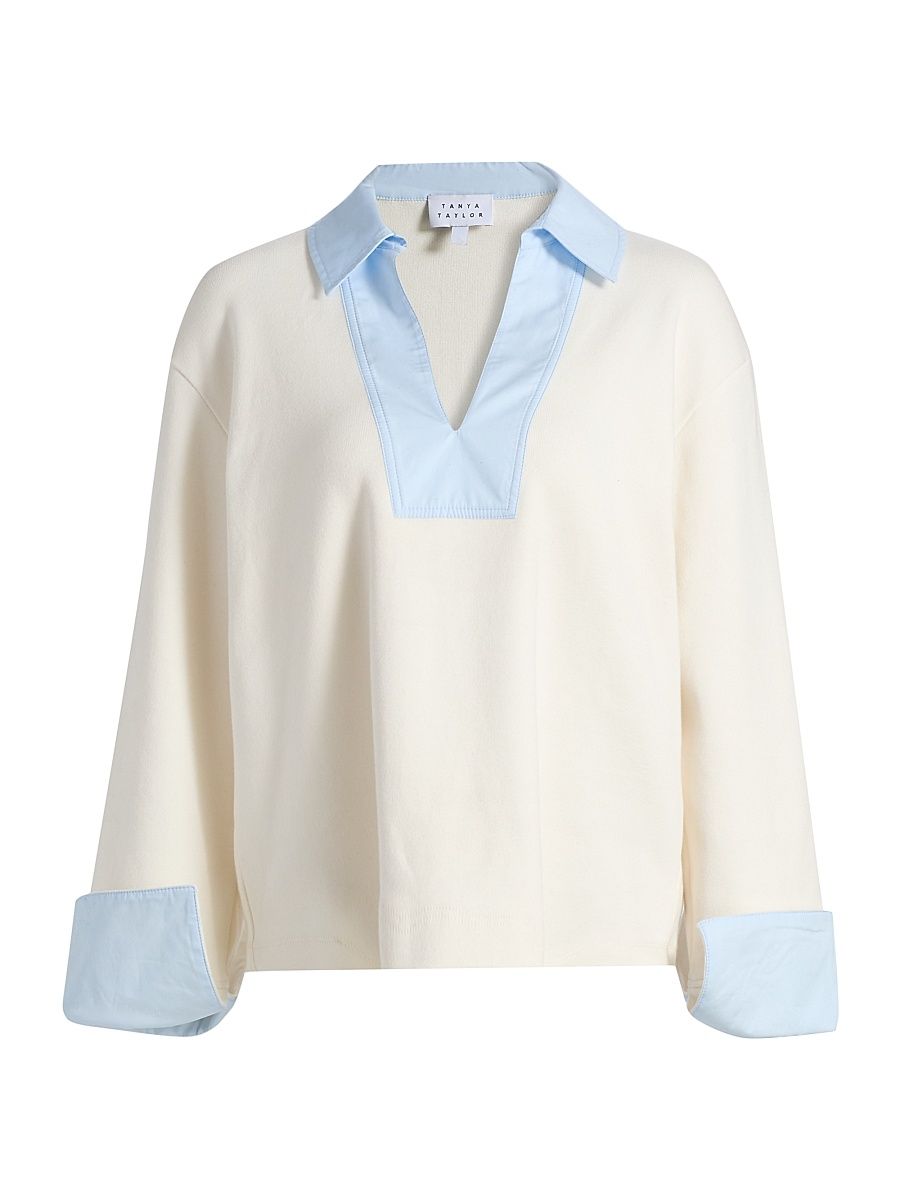 Women's Whitney Contrast-Trimmed Cotton Top - Cream Oxford - Size XL