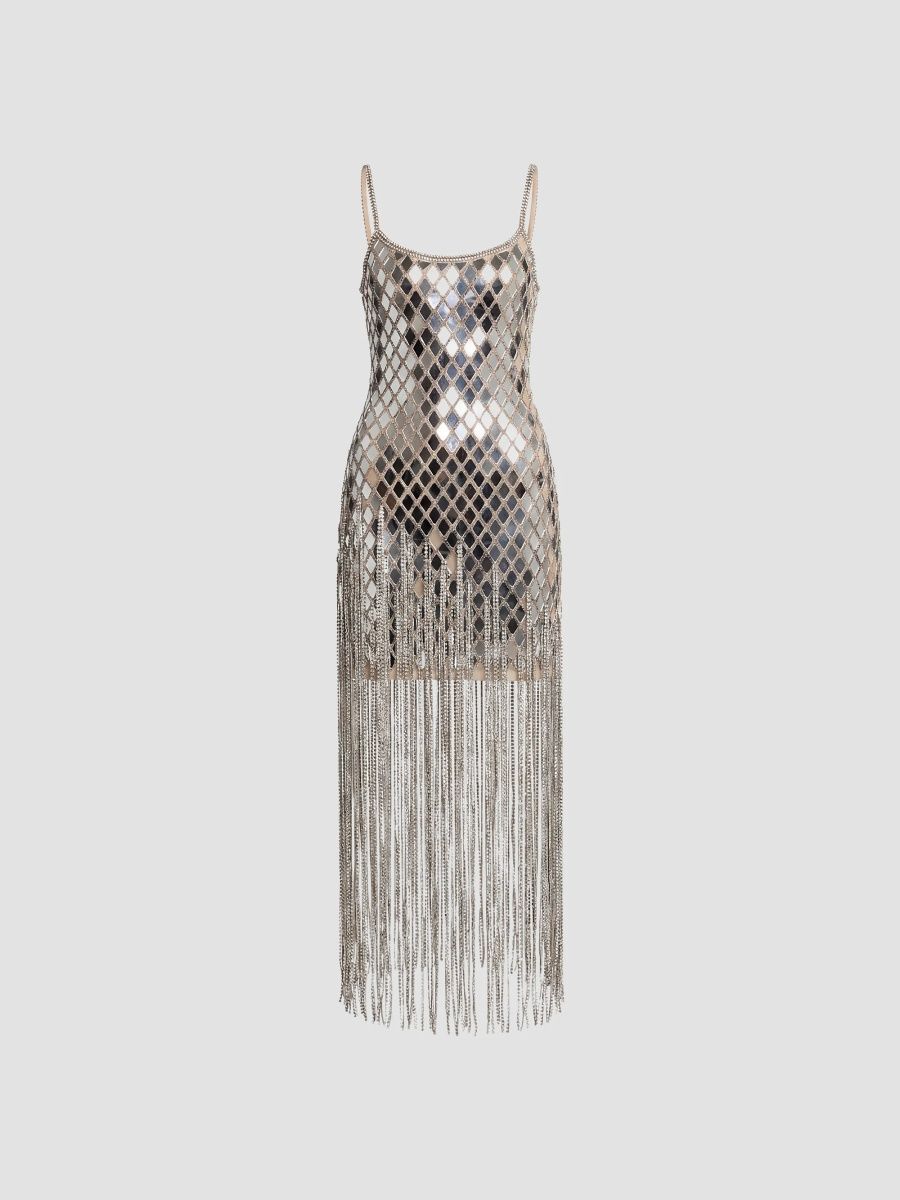 Mac Duggal Women's Geometric Mirror Beaded Fringe Midi Dress - Beige Silver - Size 12