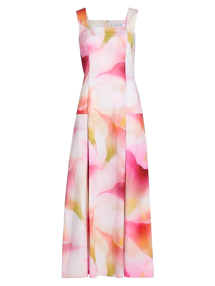 Women's Abstract Floral Cotton Poplin Tank Midi-Dress - Pink Multi - Size 0