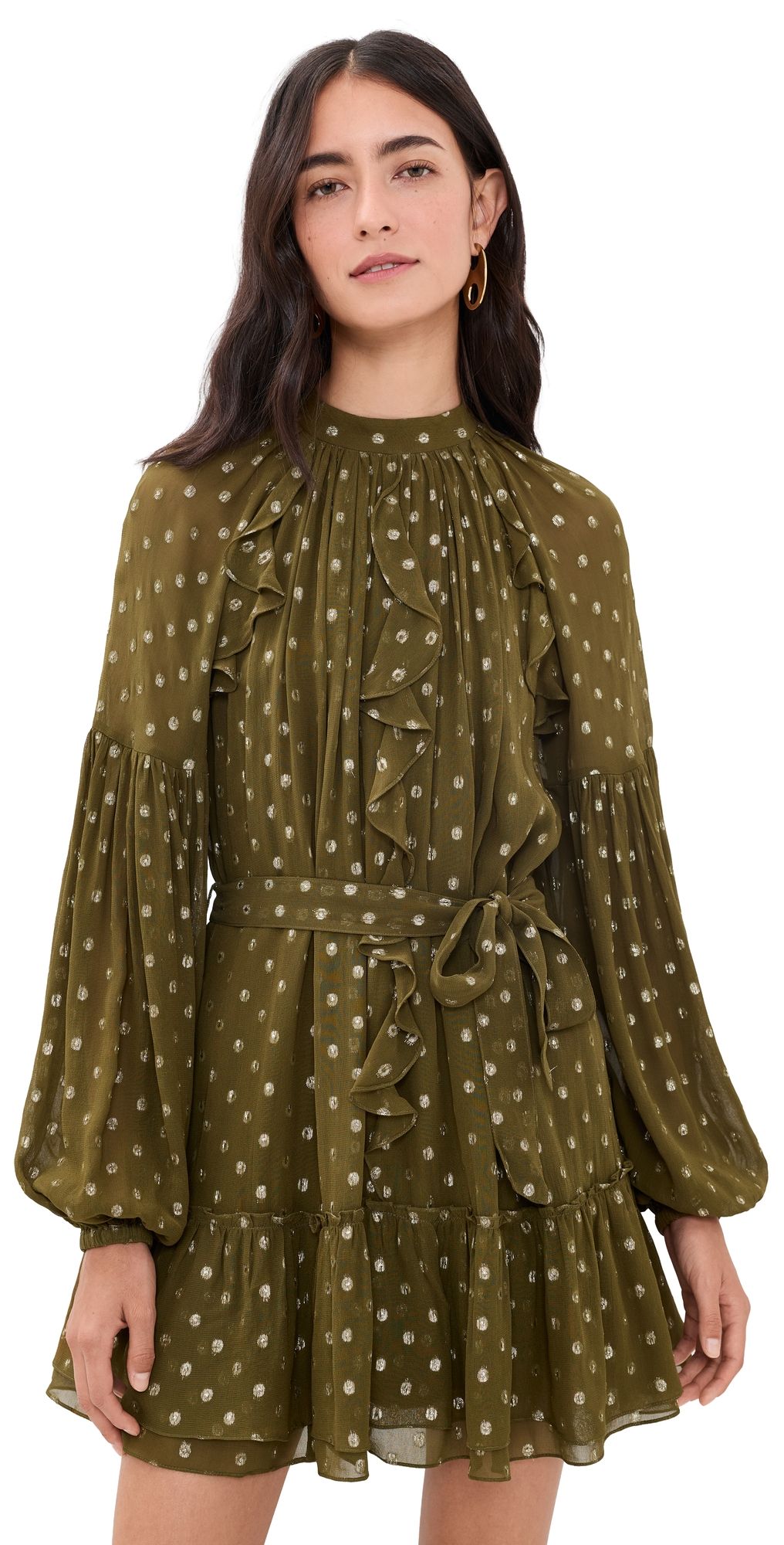 Hemant and Nandita Ruffled Mini Dress with Self Tie Belt Olive L