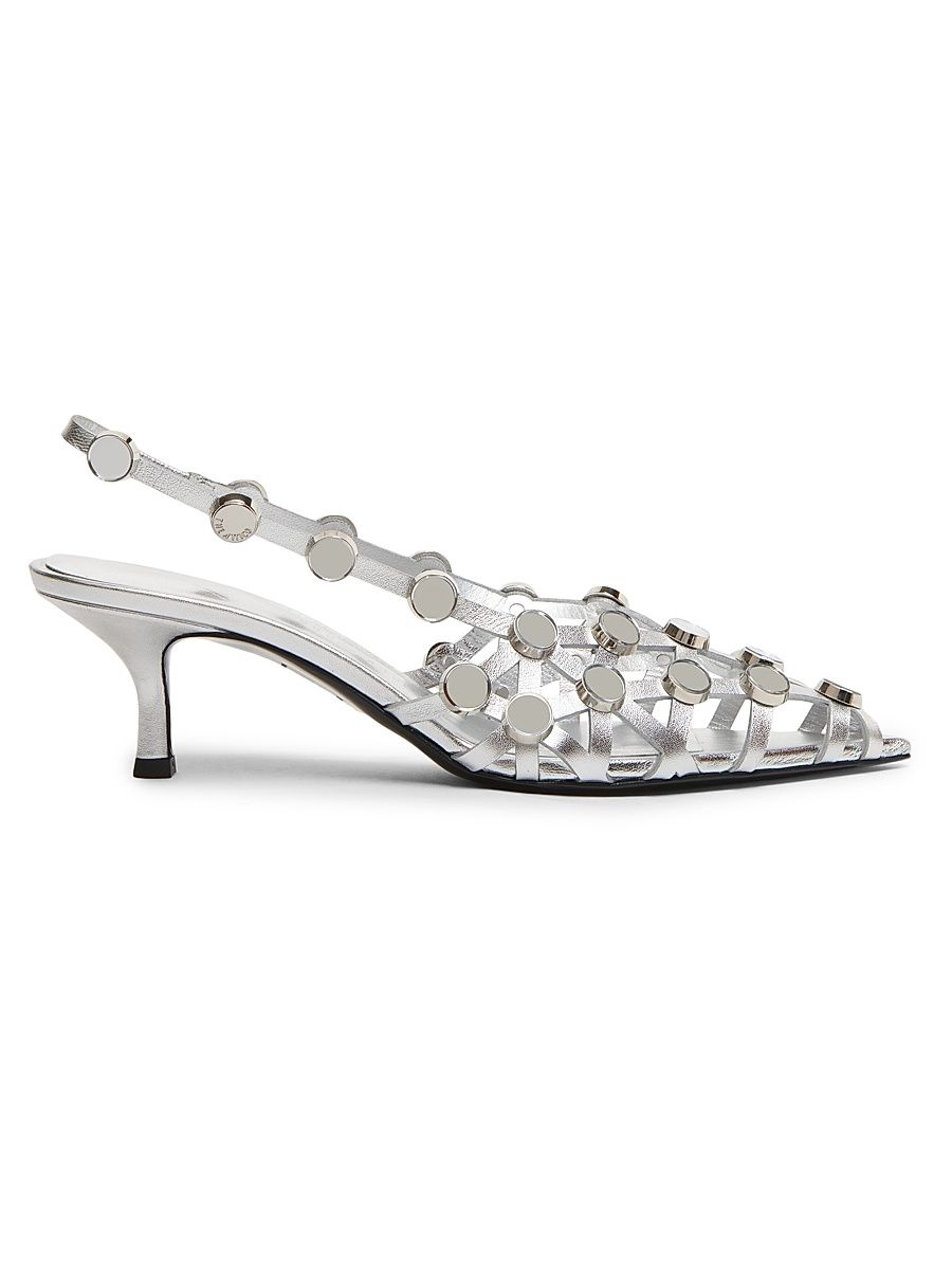 Women's Grid 50MM Leather Slingback Pumps - Silver - Size 6.5