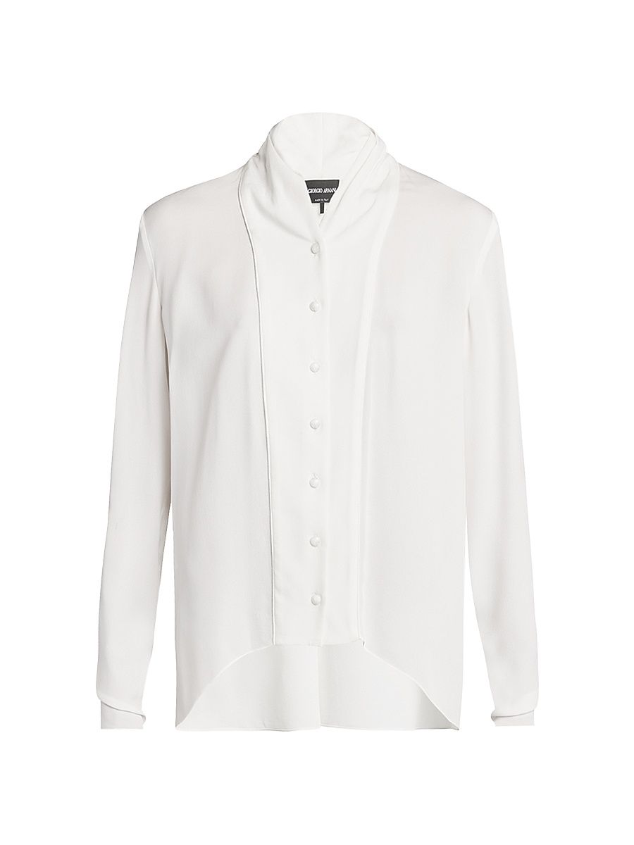 Women's Silk Georgette Shawl-Collar Blouse - White - Size 8