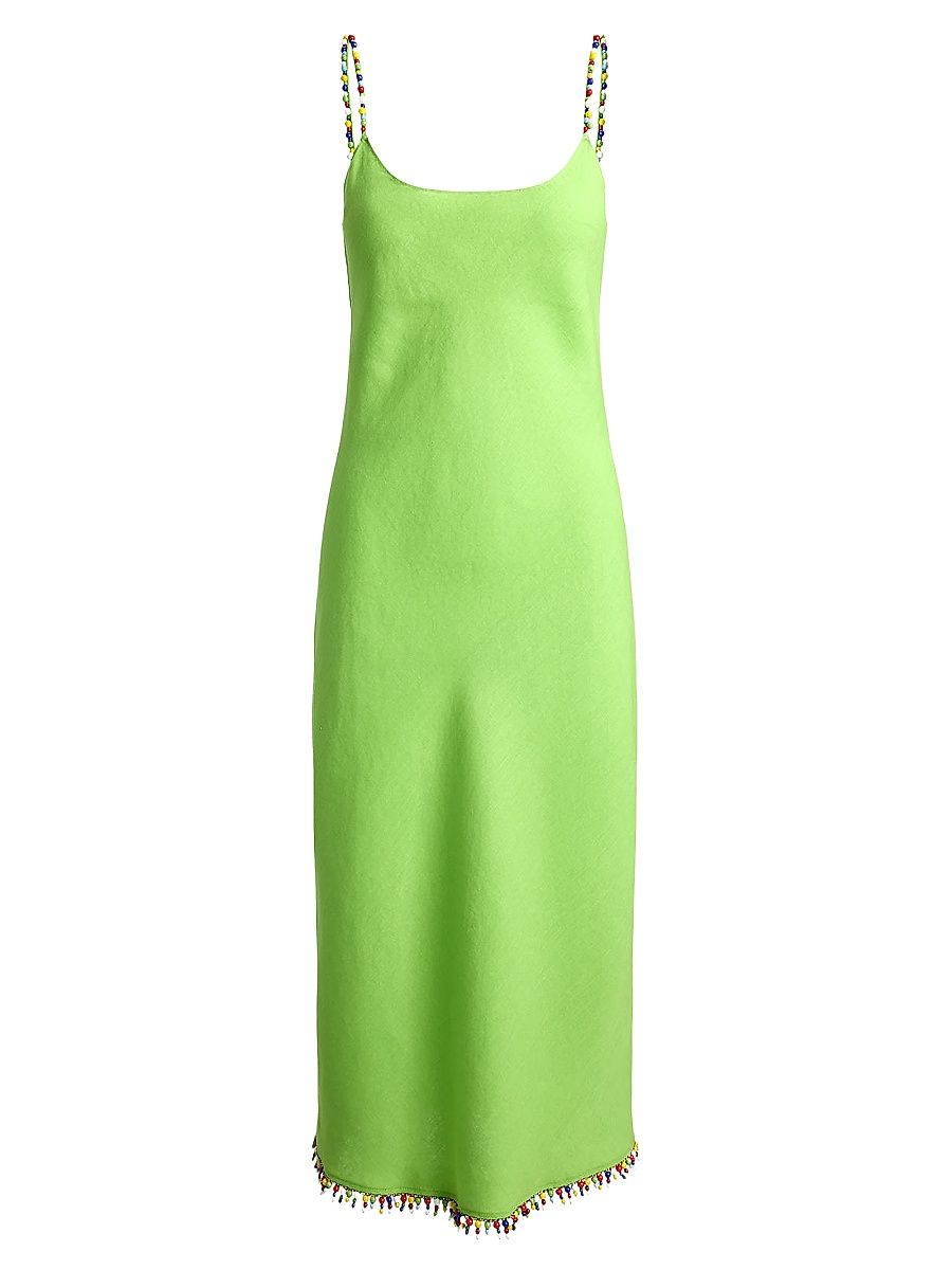 Women's Beaded Linen Midi-Slipdress - Riviera Green - Size 8