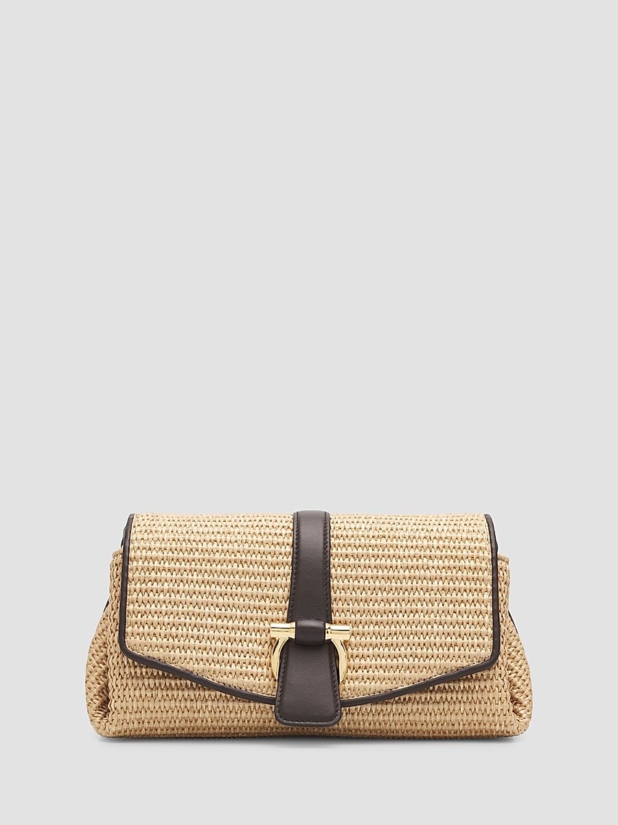 Women's New Line Leather-Trimmed Raffia Shoulder Bag - Naturale Testa Di Moro