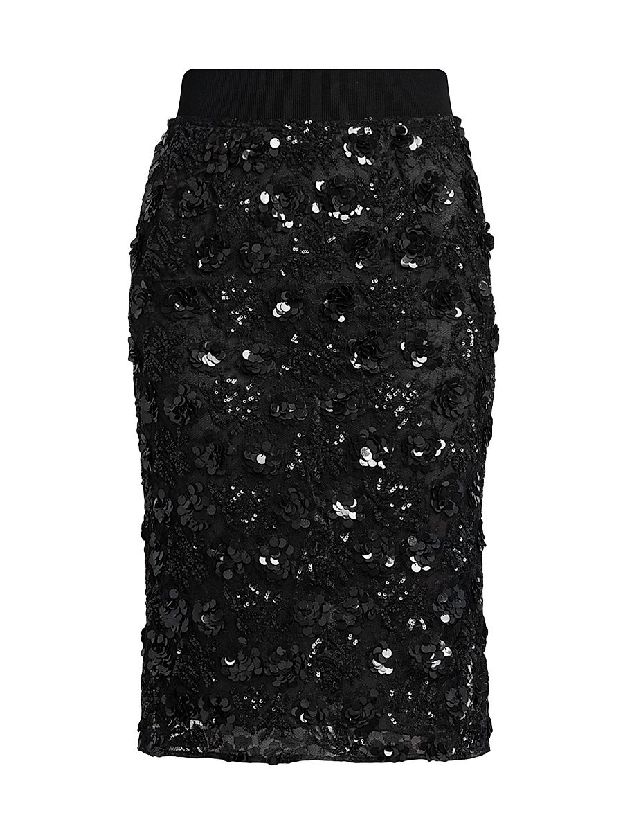Women's Floral Paillette Midi-Skirt - Nero - Size 10