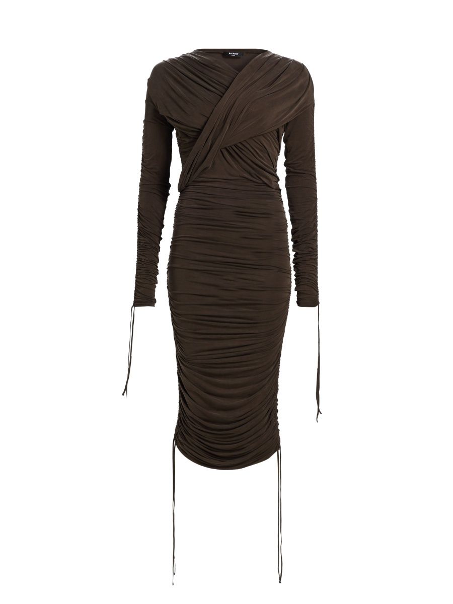 Balmain Women's Draped Jersey Midi-Dress - Brown - Size Small