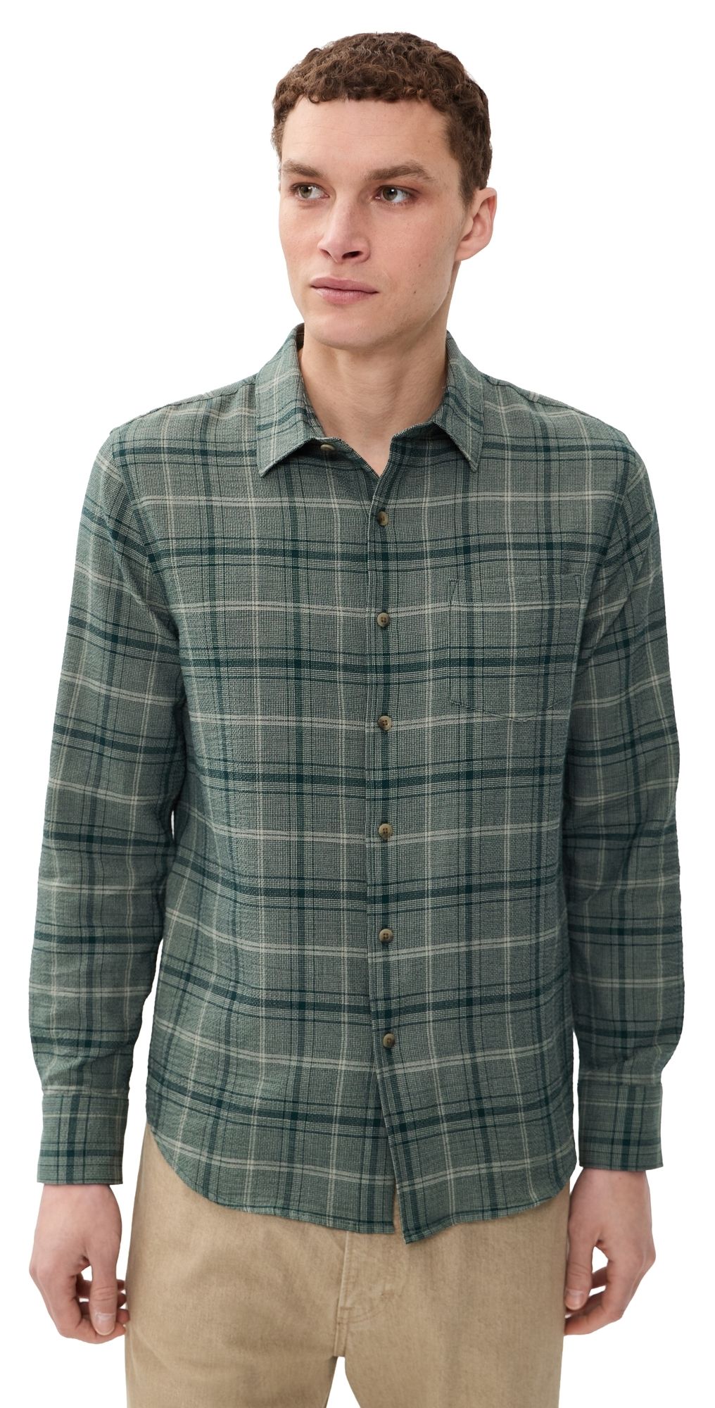 Vince Catskill Plaid Long Sleeve French Placket Shirt Seaweed/Matcha XXL