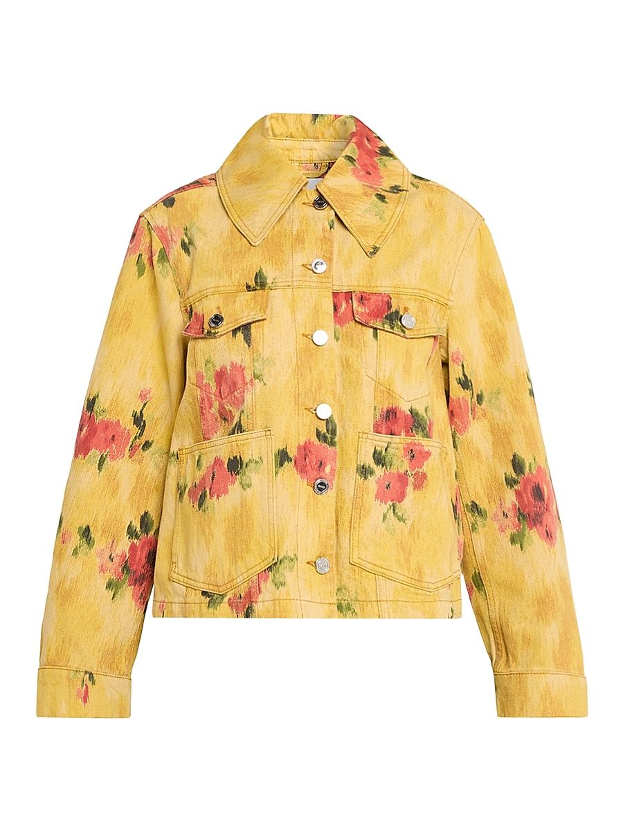 Women's Floral Print Denim Jacket - Vibrant Yellow - Size 14