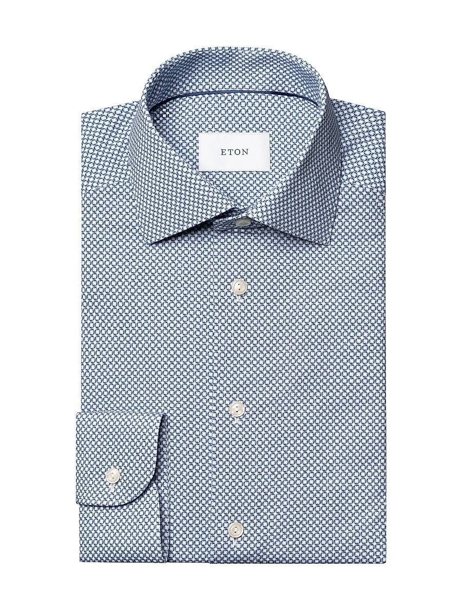 Men's Printed Stretch-Cotton Slim-Fit Shirt - Mid Blue - Size 17.5
