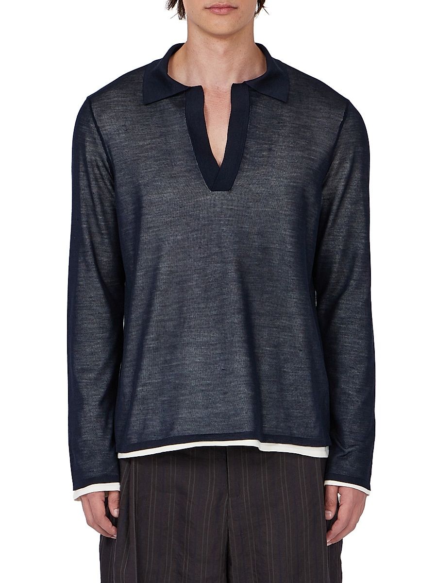 Men's Silk Johnny Collar Polo Sweater - New Navy Bianco Off White - Size XL