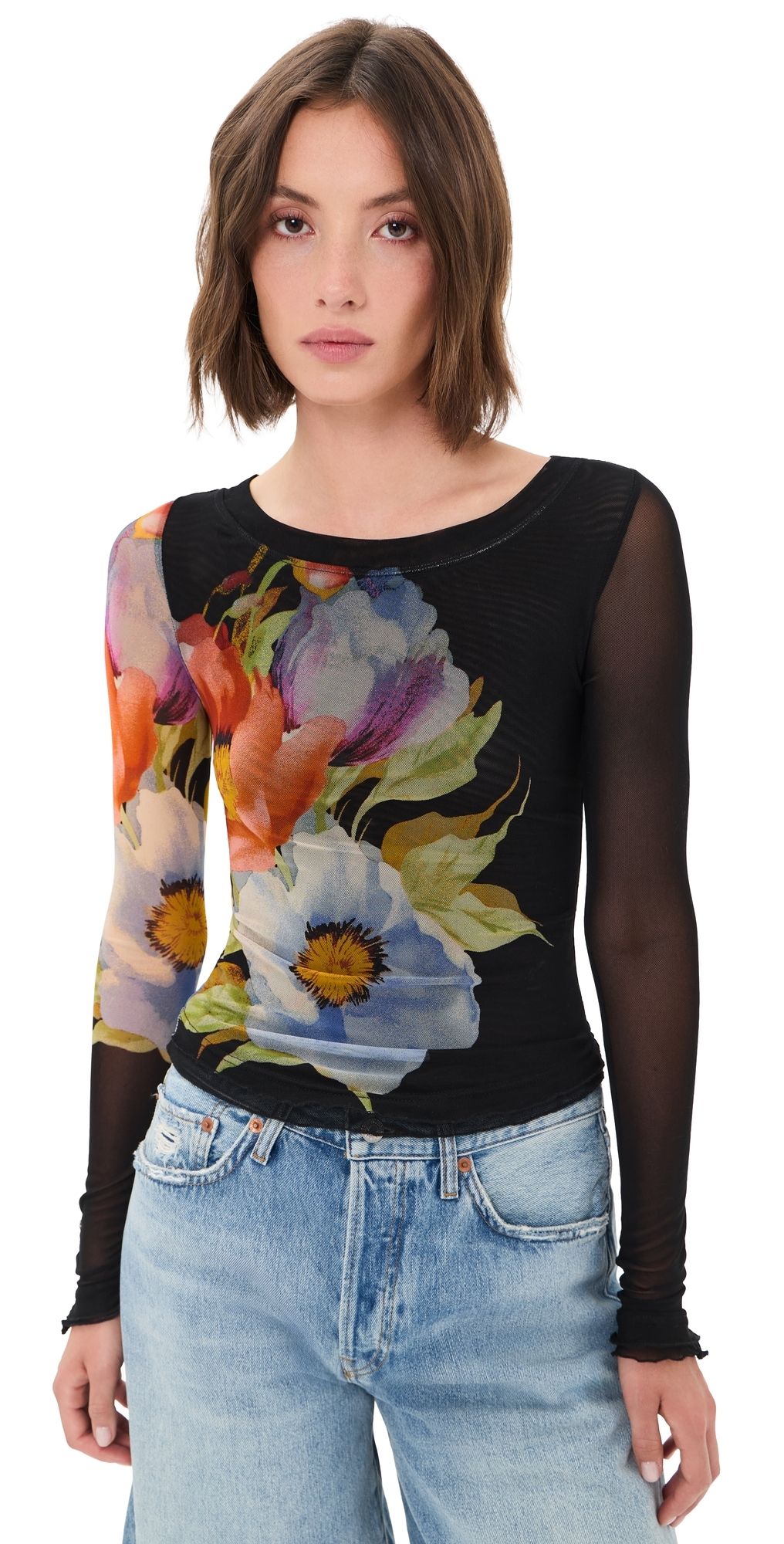 Free People Lilly Printed Long Sleeve Tee Black Combo XS