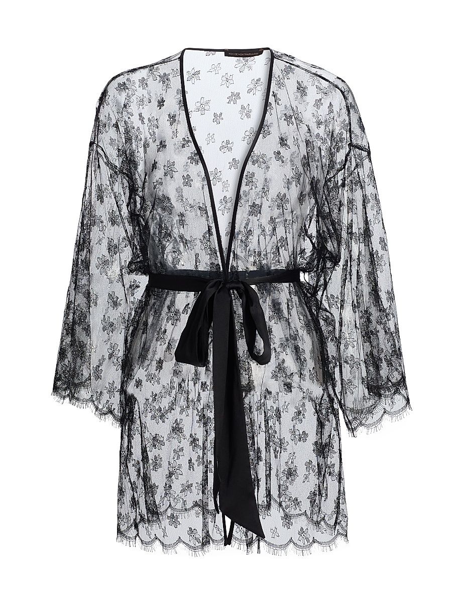 Women's Floral Lace Robe - Black - Size Medium