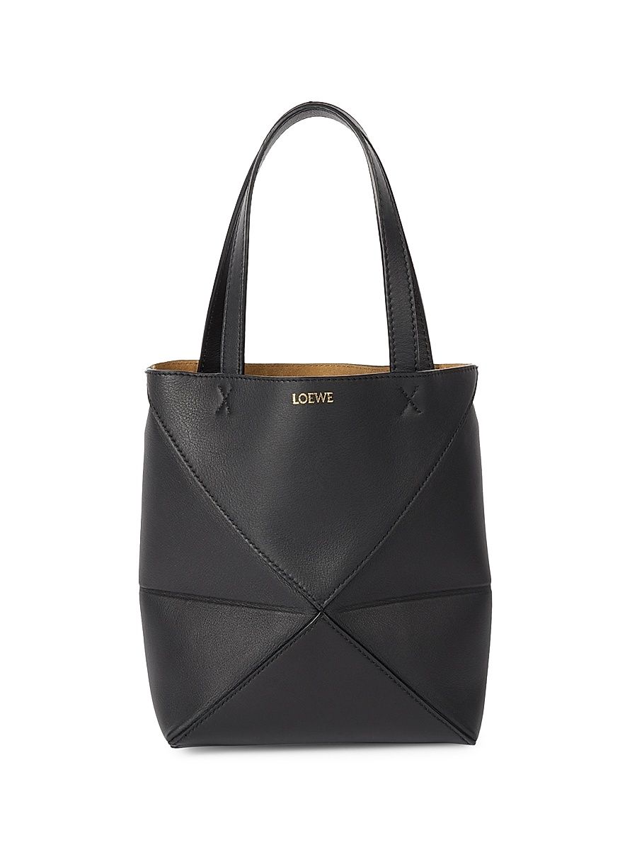 Women's Mini Puzzle Fold Leather Tote Bag - Black
