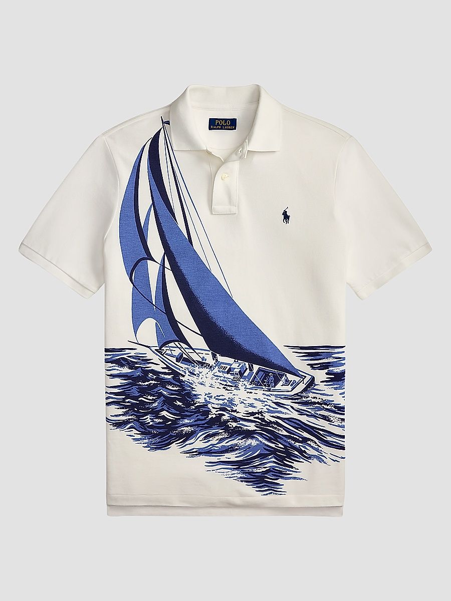Men's Sailboat-Print Mesh Polo Shirt - Vintage Nautical Sail - Size Large