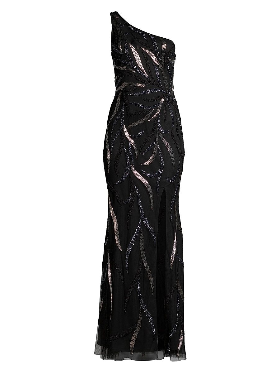 Women's One-Shoulder Beaded Slit Gown - Black - Size 16