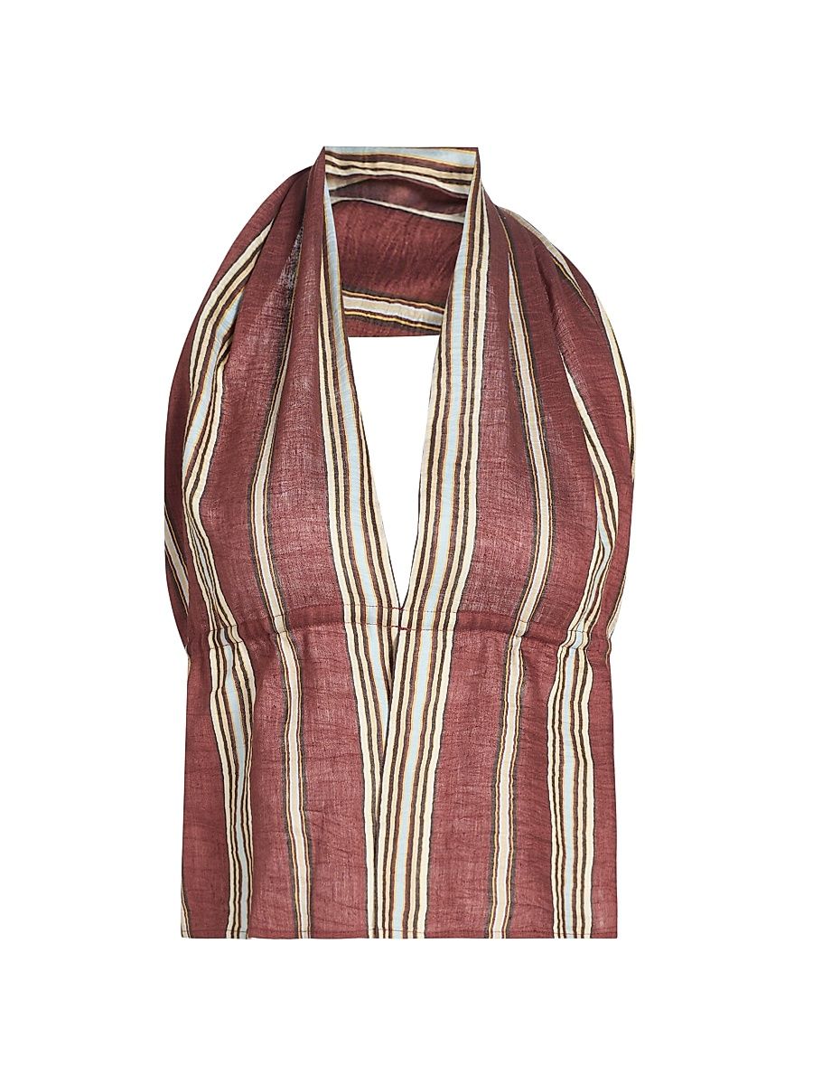 Women's Kaia Striped Linen-Blend Halterneck Top - Brunette Multi - Size XL