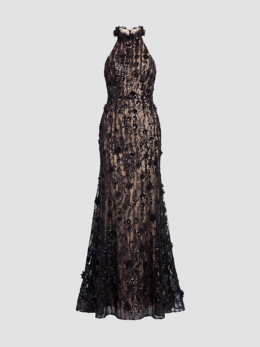 Women's Beaded Lace Sleeveless Mermaid Gown - Black Beige - Size 14
