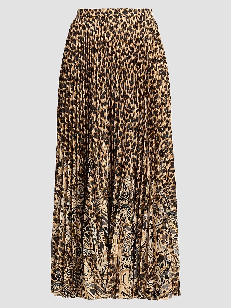 Women's Pleated Leopard-Printed A-Line Midi Skirt - Printed Beige - Size 0