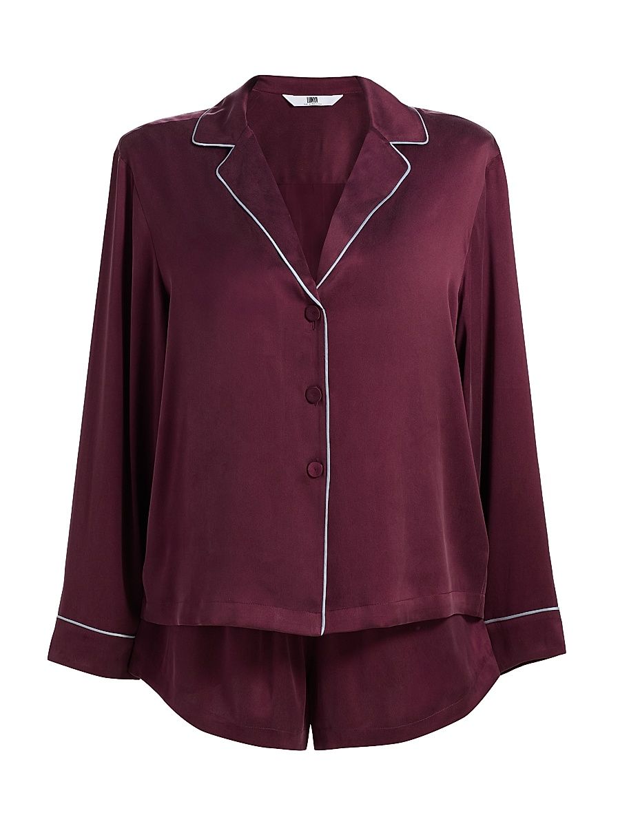 Women's Washable Silk Piped Short Pajamas - Vintage Merlot Frosted Lagoon - Size XL