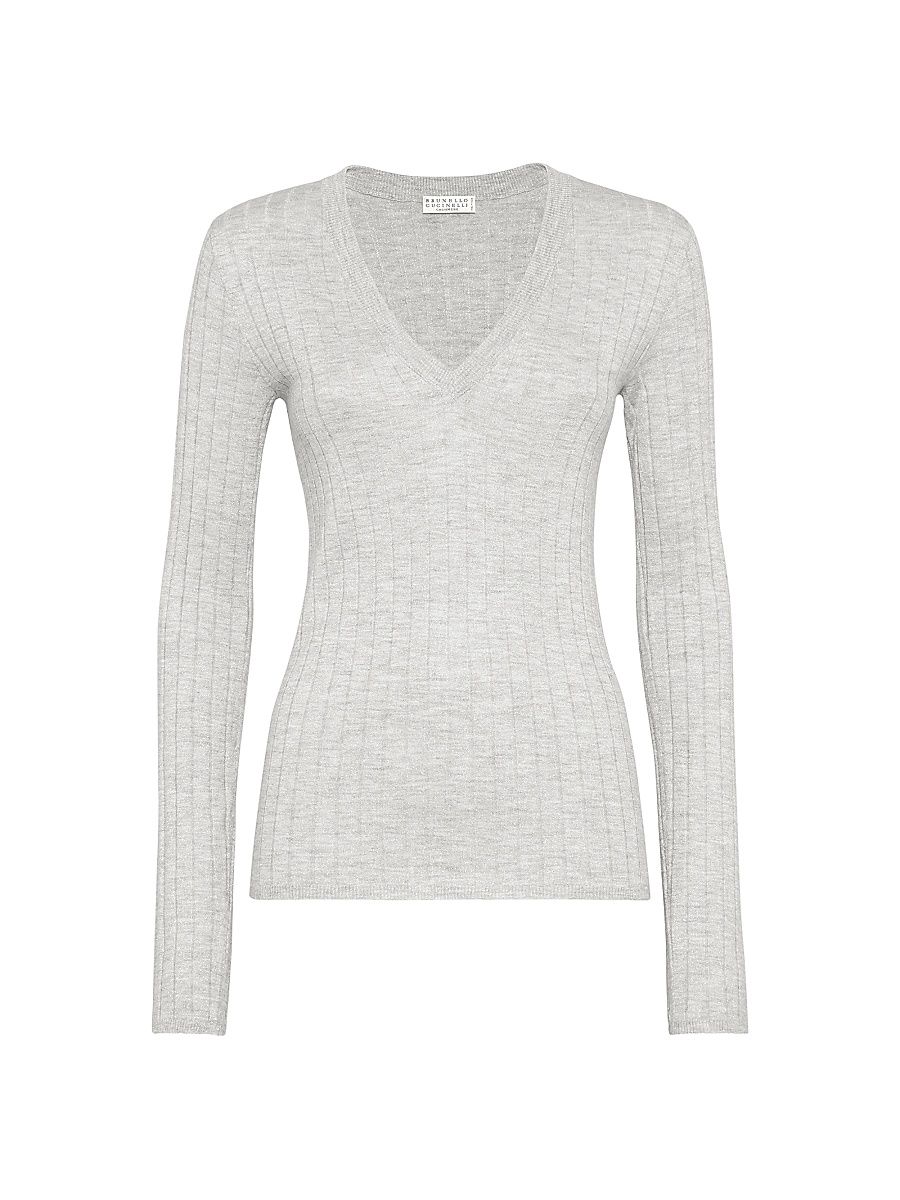 Women's Sparkling Cashmere and Silk Rib Knit Sweater - Pebble - Size Large