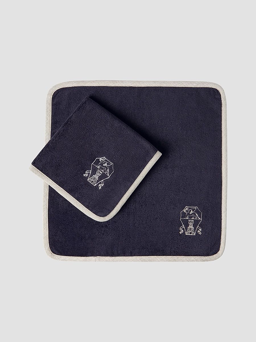 Brunello Cucinelli 2 Piece Cotton Terrycloth Hand Towel Set with Embroidery - Navy Blue