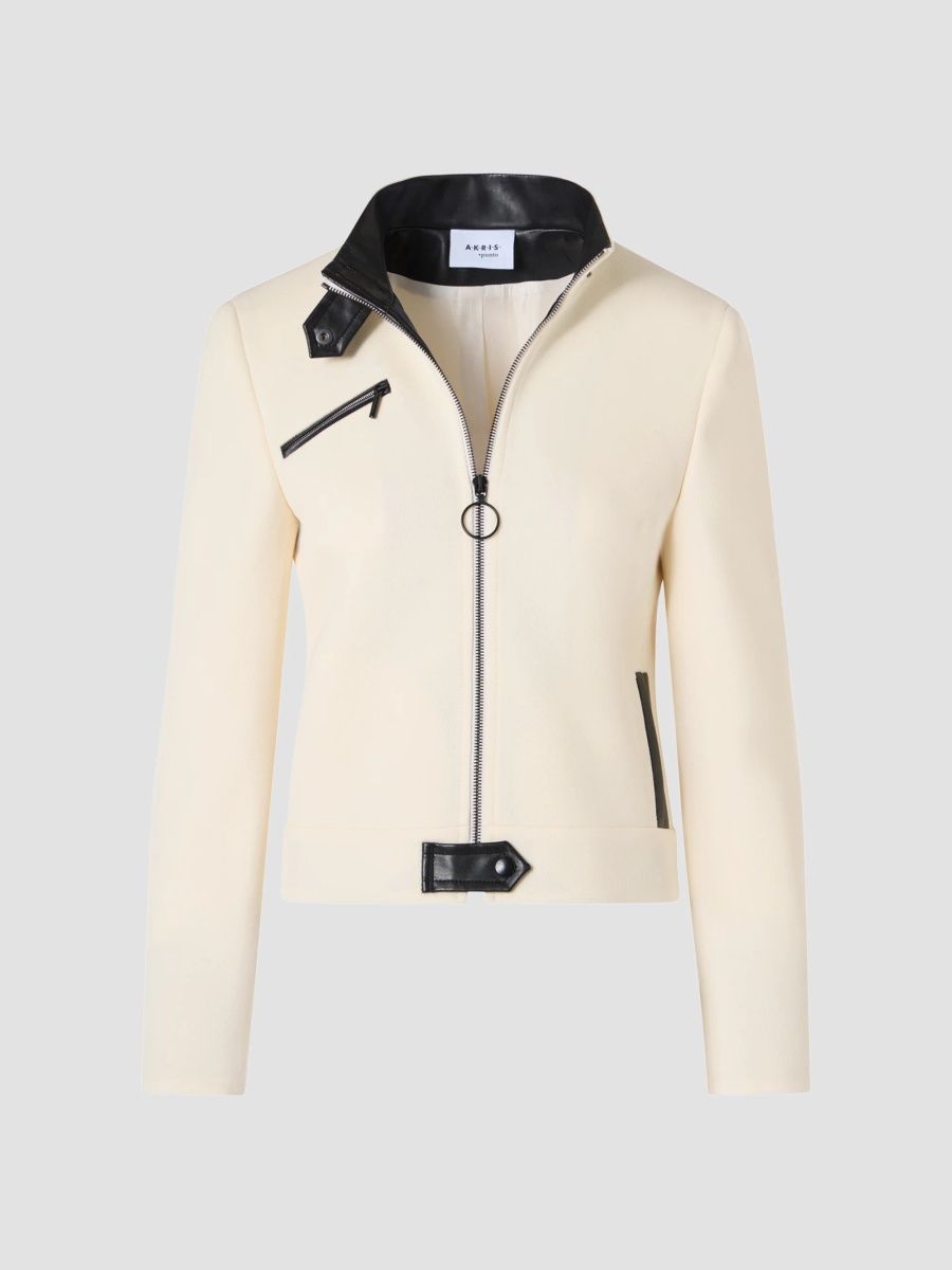 Akris punto Women's Wool Stand-Collar Jacket - Ivory Black - Size 16