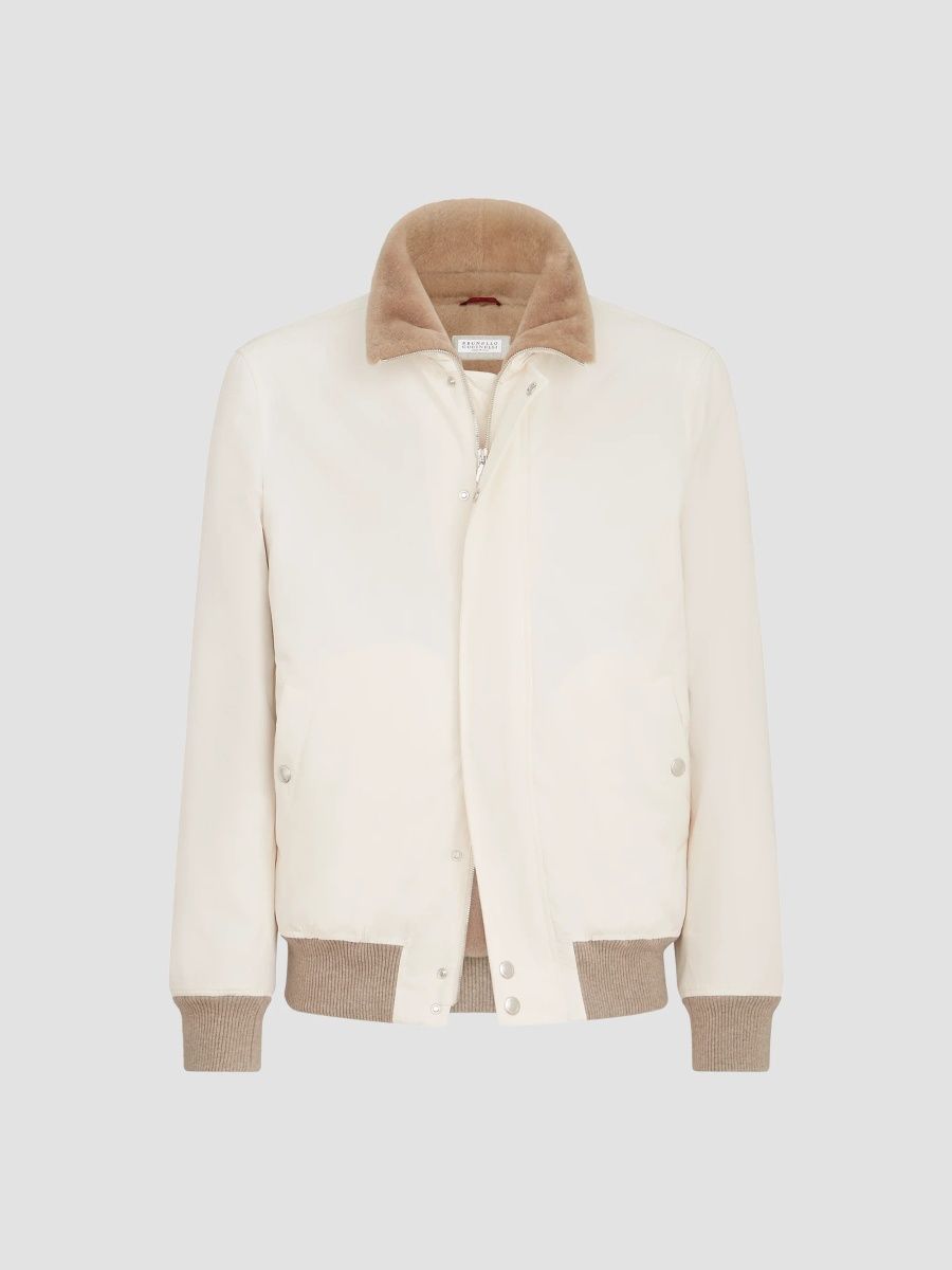 Brunello Cucinelli Men's Bonded Nylon Aviator Jacket with Shearling Lining - White - Size 38