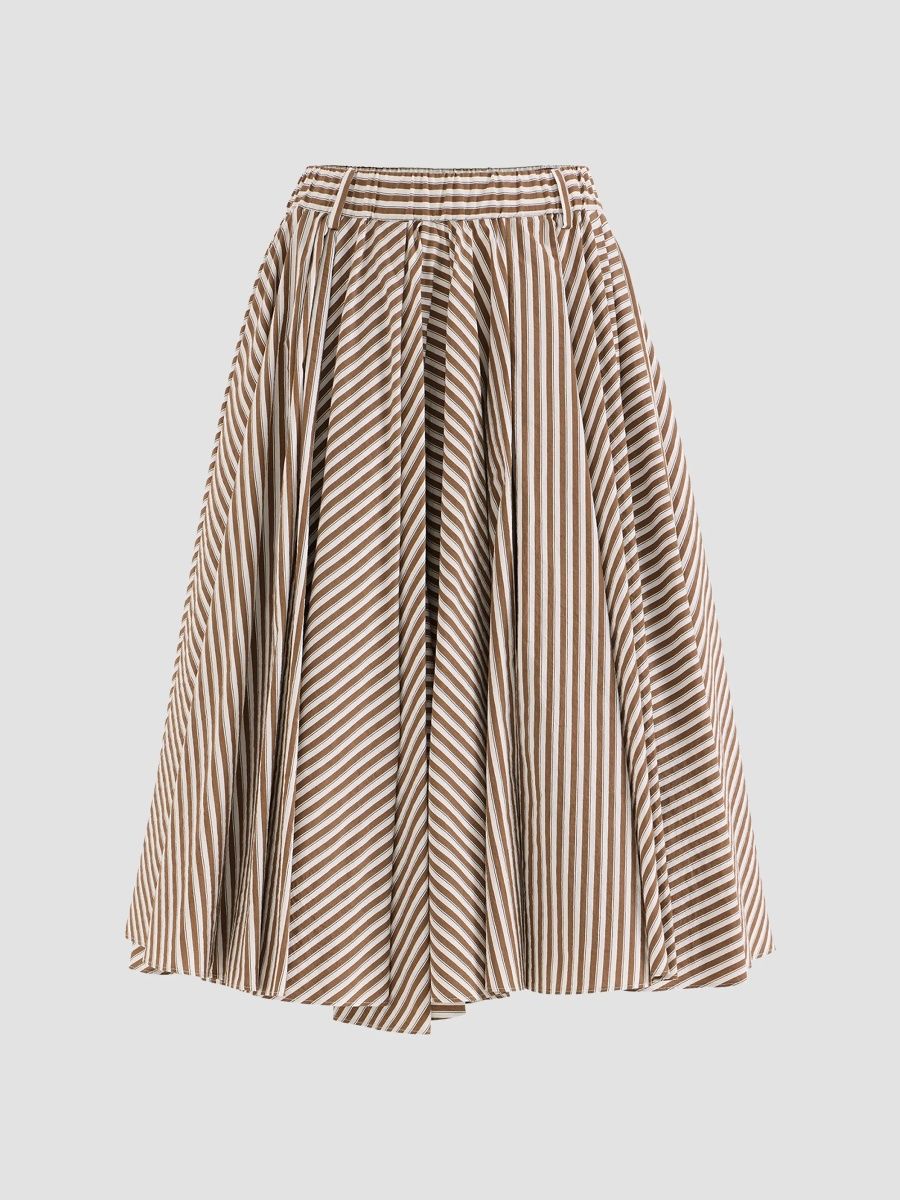 Brunello Cucinelli Women's Striped Wrinkled Poplin Pleated Skirt with Monili - Light Brown - Size 14