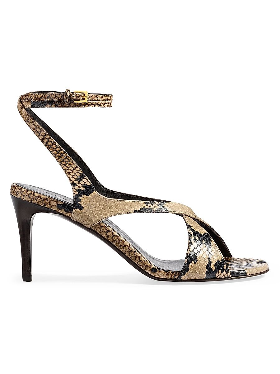 Women's Liria 75MM Snake-Embossed Leather Ankle Strap Sandals - Taupe - Size 11