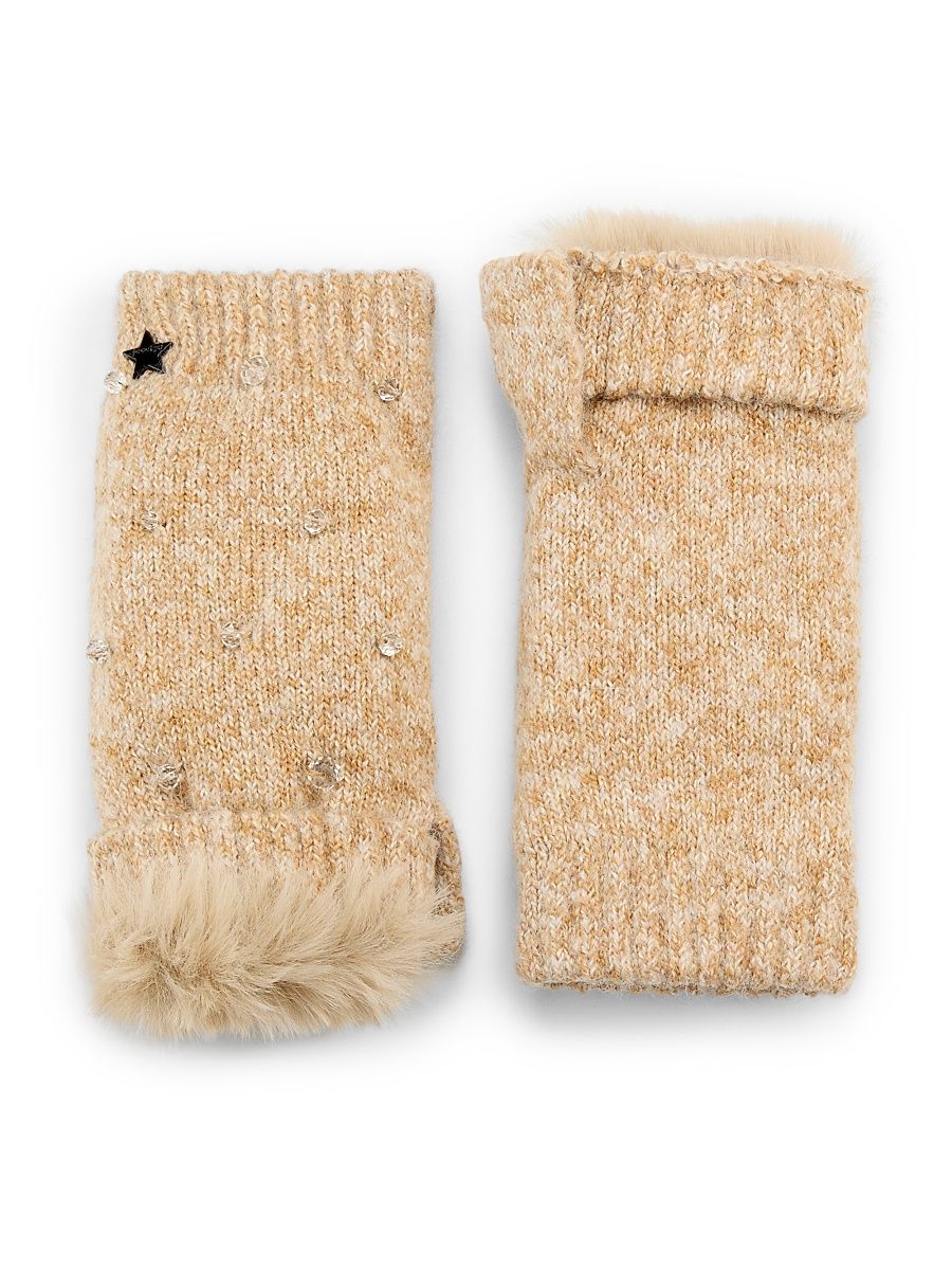 Women's Faux Fur-Lined Fingerless Mittens - Camel
