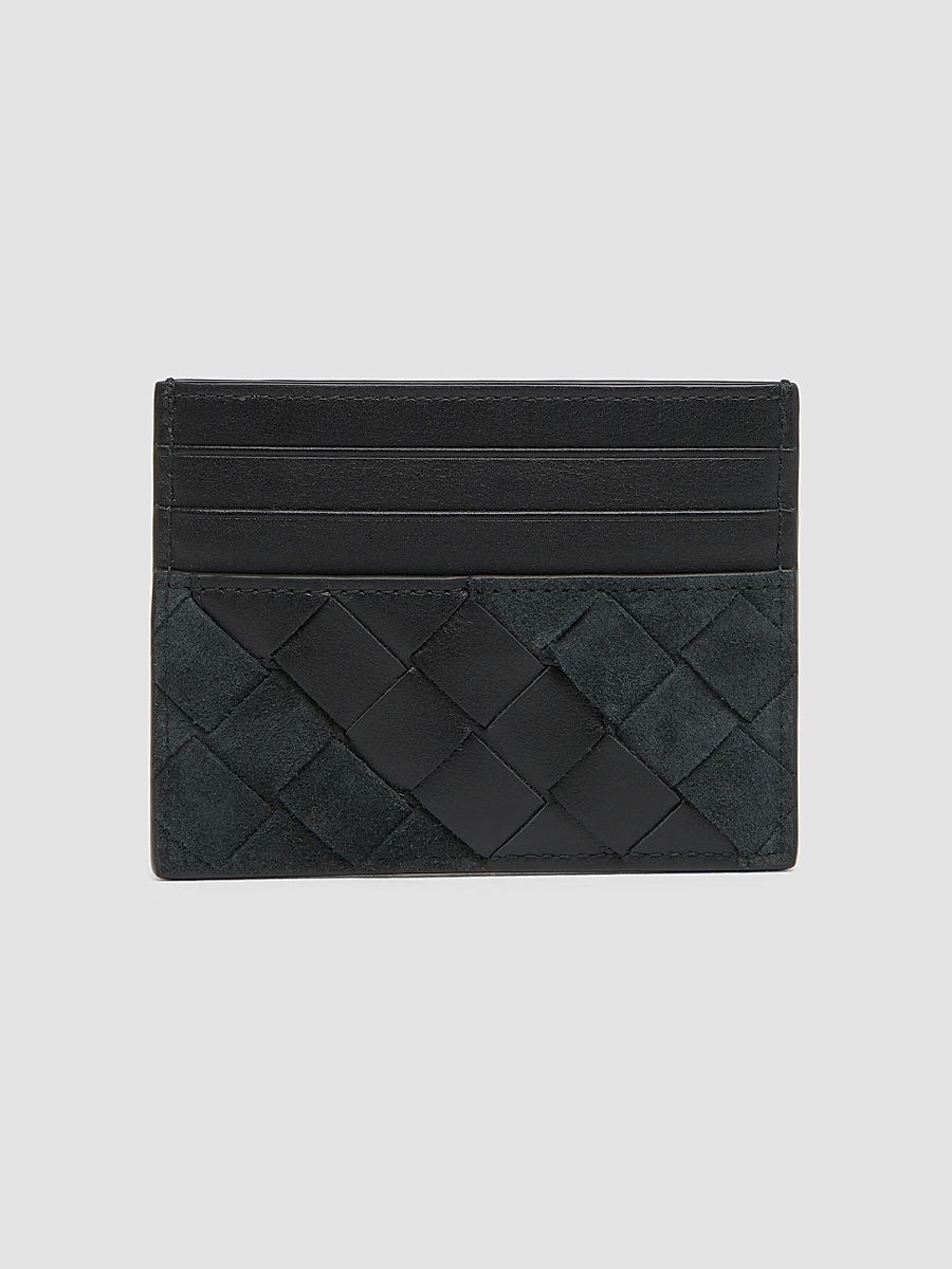 Bottega Veneta Men's Intrecciato Suede & Leather Card Holder - Black Silver