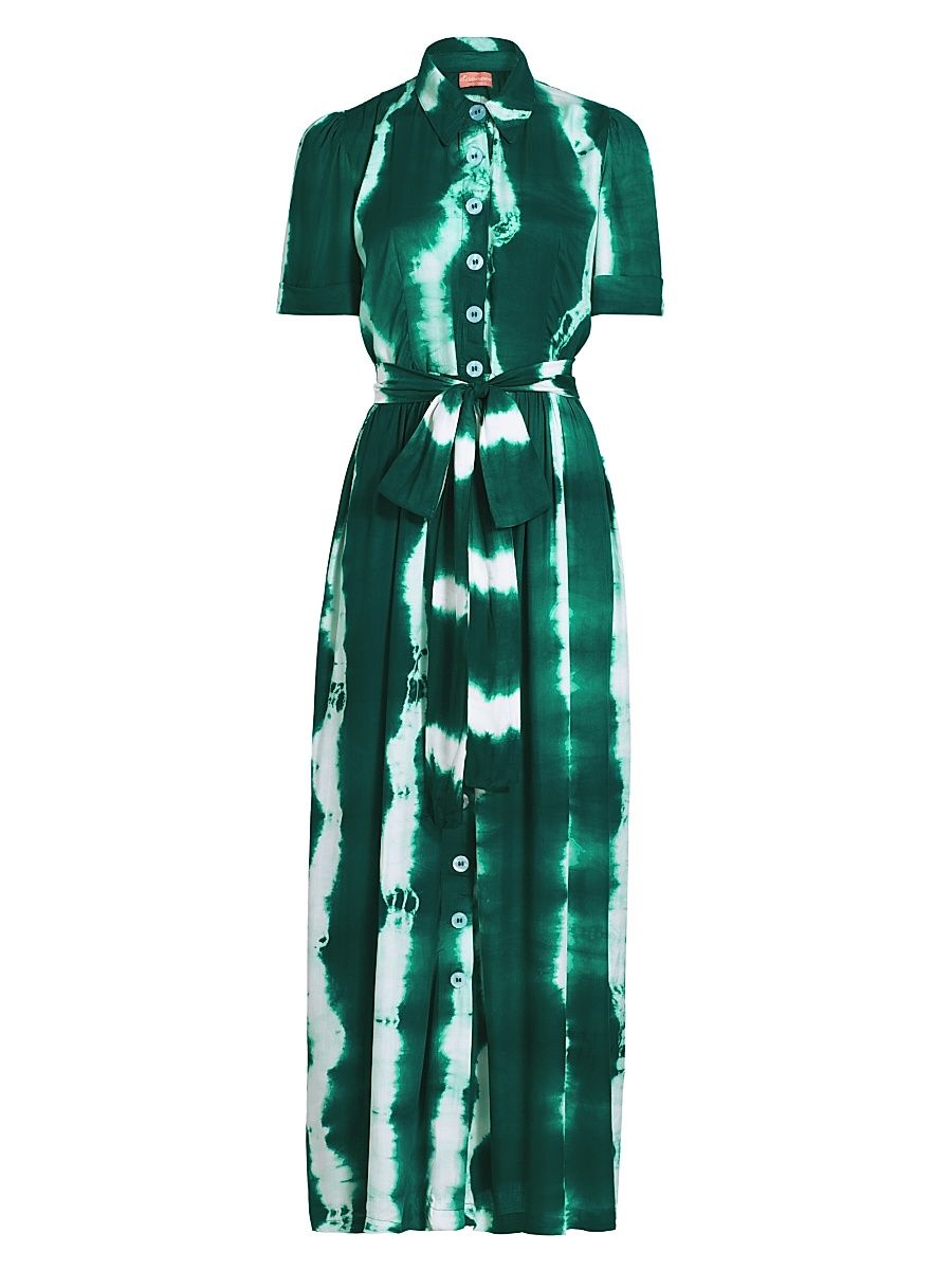 Women's Asake Tie-Dye Cotton-Blend Belted Maxi Shirtdress - Green - Size Large