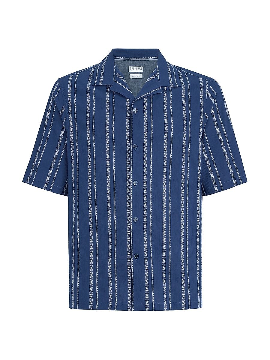 Men's Ethnic Stripe Seersucker Easy Fit Short Sleeve Shirt with Camp Collar - Navy Blue - Size XXL