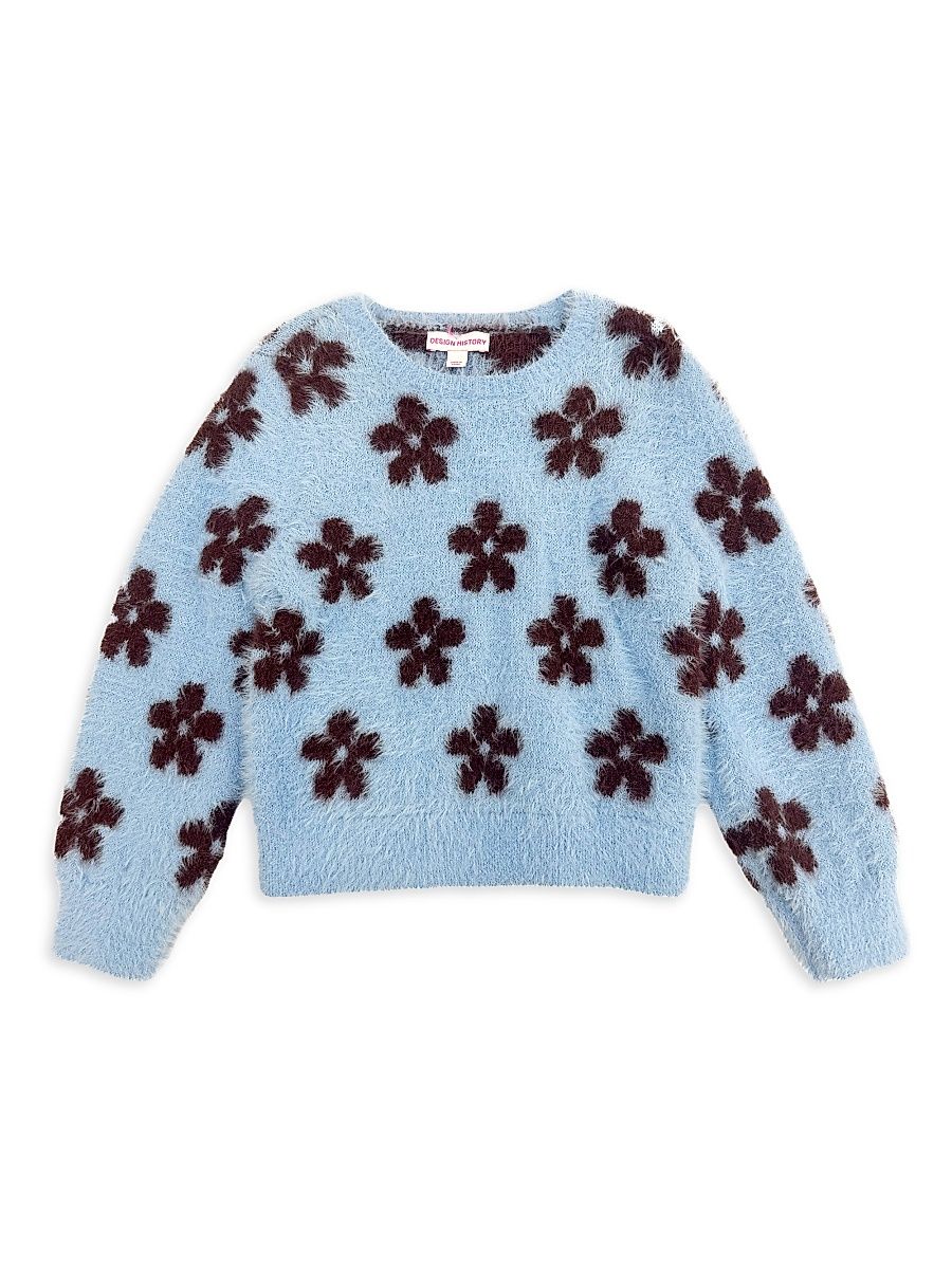 Little Girl's Flower Intarsia Sweater - Blue Twist Combo - Size 5
