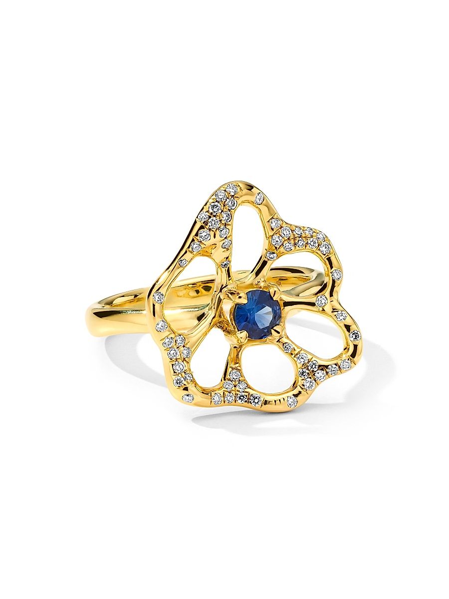 Women's Stardust 18K Yellow Gold, Blue Sapphire & 0.21 TCW Diamond Medium Flower Ring - Blue Sapphire - Size 7