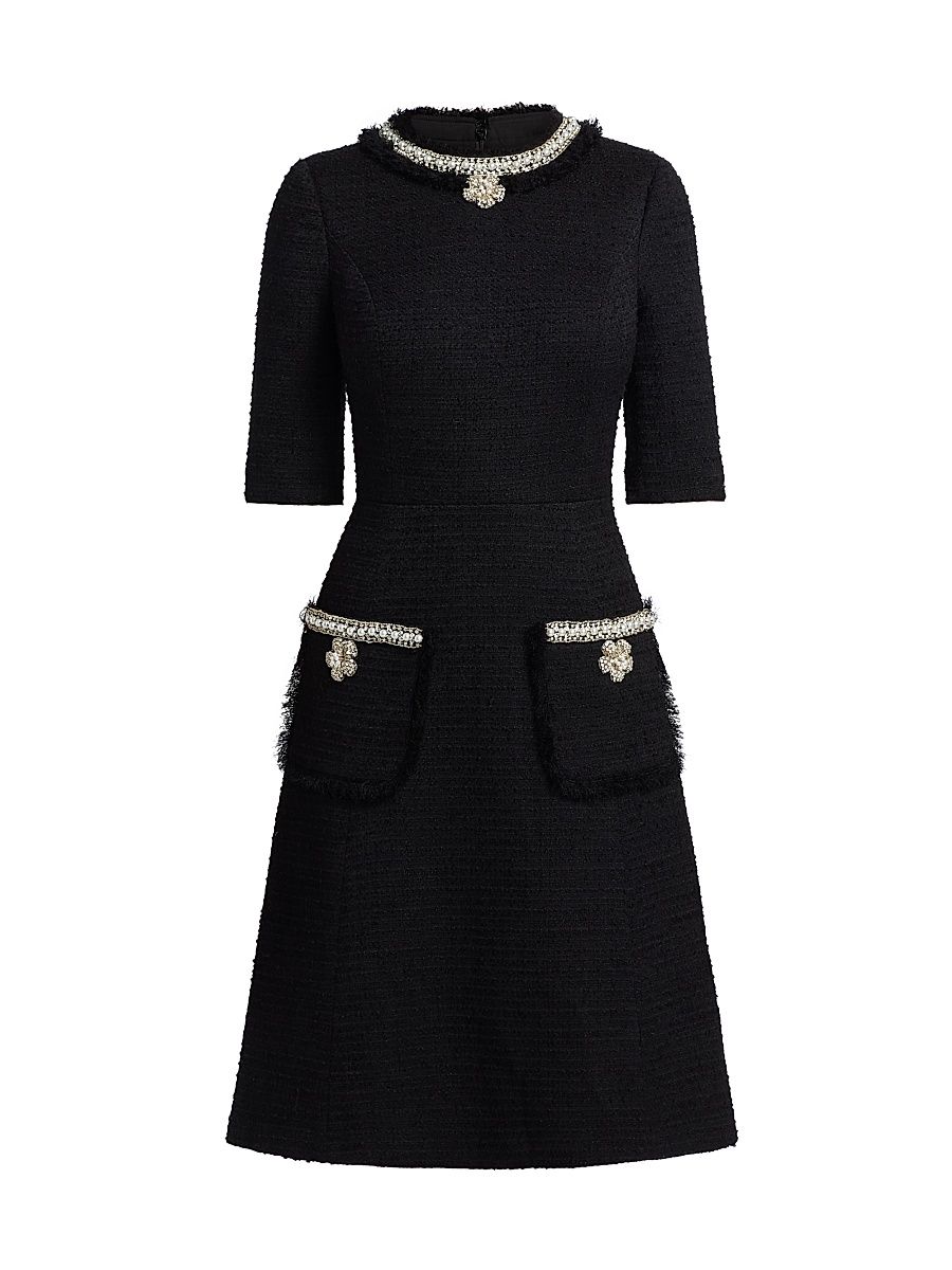 Women's Flower & Faux-Pearl Embellished Bouclé Cocktail Dress - Black - Size 14